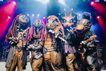 Musikgruppe Heavysaurus. Fünf große Menschen in Dinosaurier-Kostümen mit Instrumenten auf Bühne.