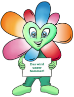Landesgartenschau Neuss Maskottchen. Eine Blume mit bunten Blüten und einem Grünen Herz als Kopf. Hält ein Schild 'Das wird unser Sommer'
