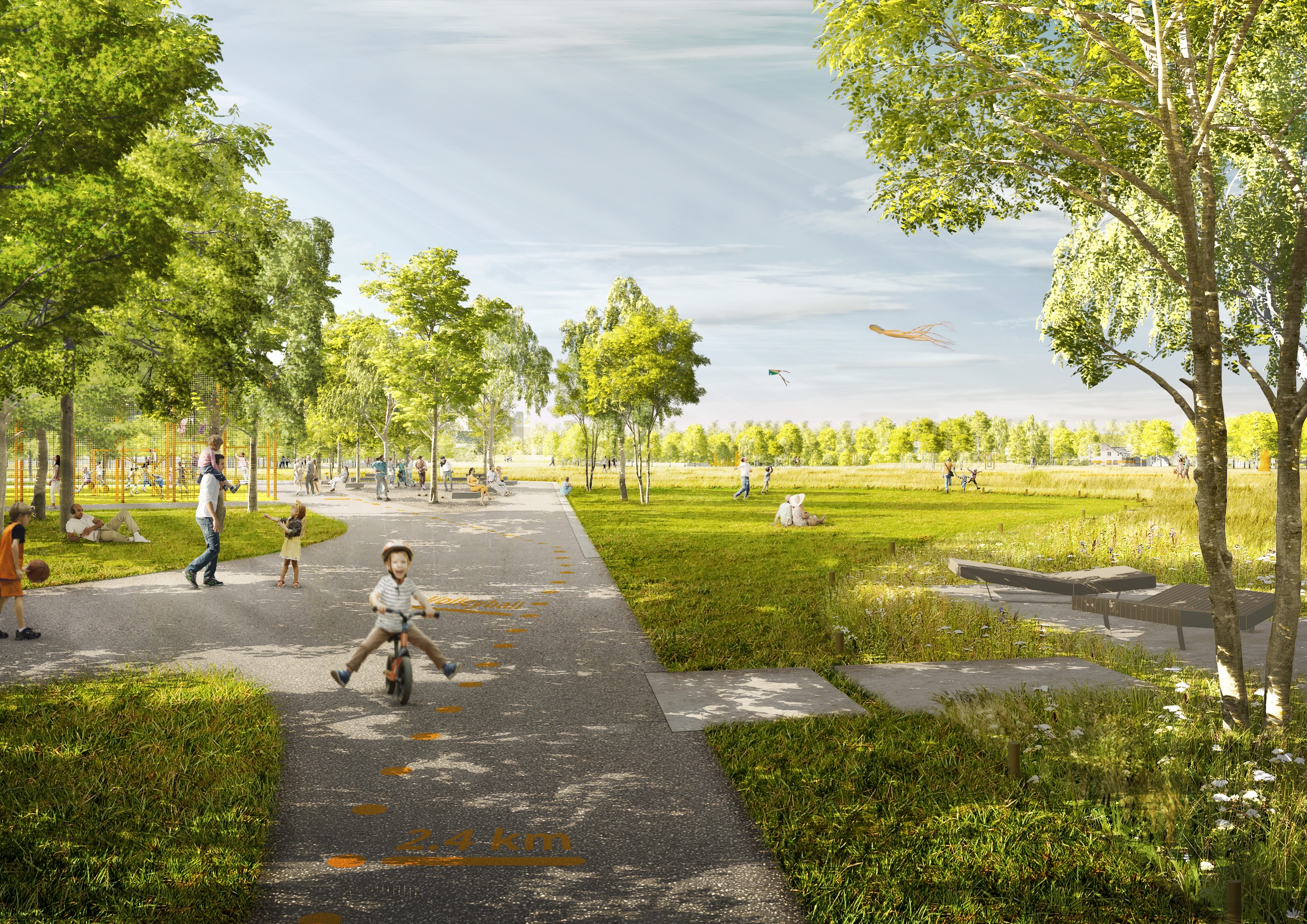 Der Neusser Bürgerpark wird mit der Landesgartenschau 2026 eröffnet: Perspektive Wiesenweite | Bild: Reschke Landschaftsarchitektur