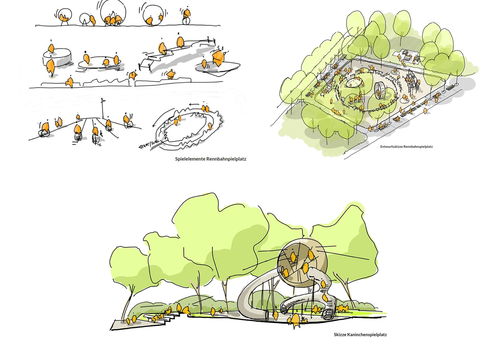 Spiel und Spaß auf dem Gelände der Landesgartenschau Neuss 2026. Die geplanten Spielanlagen nehmen Themen des Geländes auf. | Konzept: Reschke Landschaftsarchitekten