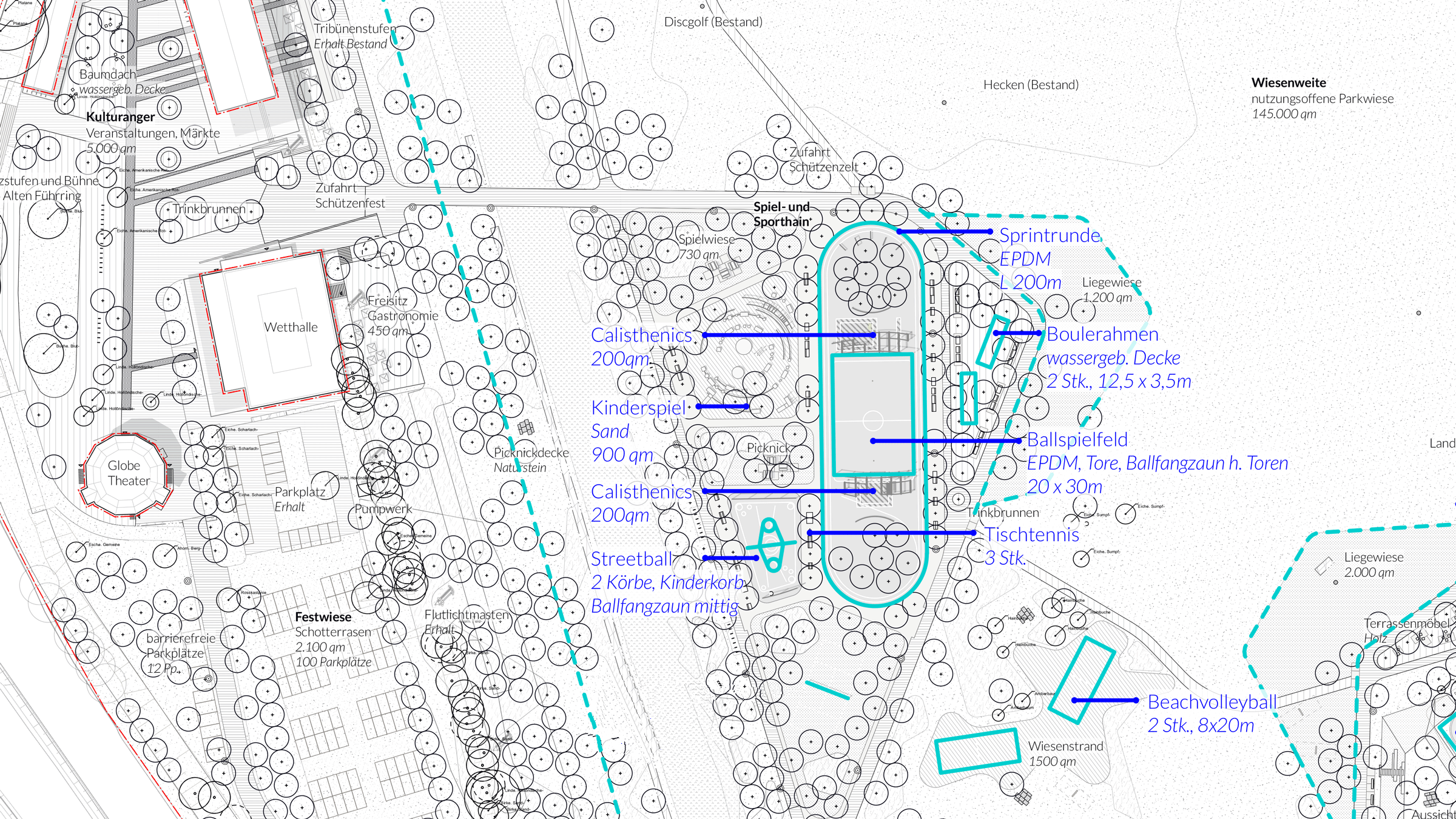 Der neue Park ist für alle da. Der Planungsausschnitt zeigt verschiedene Flächen von Calisthenics über Boulebahnen bis zum Beachvolleyballfeld. | Planung: FRL